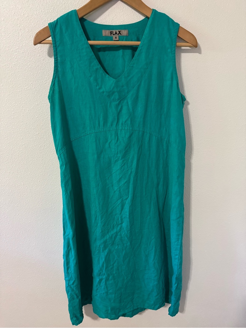 Flax Linen Sleeveless Midi Dress Green V Neck Empire Waist Lagenlook-Small